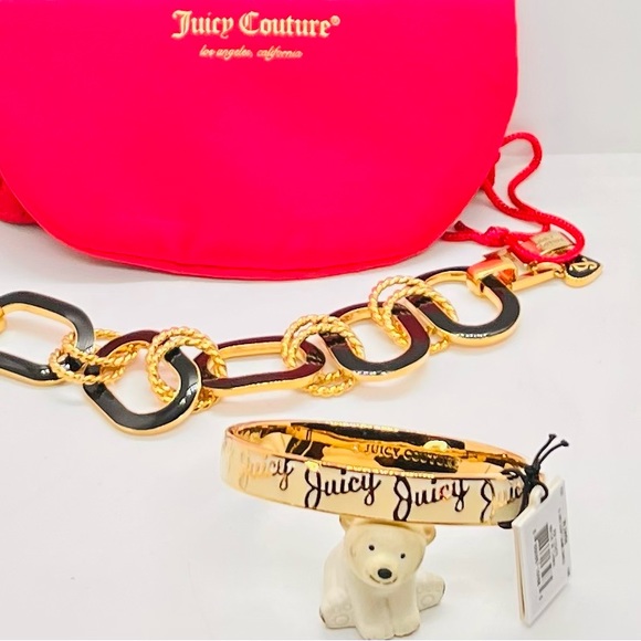 NWT Juicy Couture White Script Bangle & Black Enamel Link Bracelet set of 2 - Picture 2 of 11